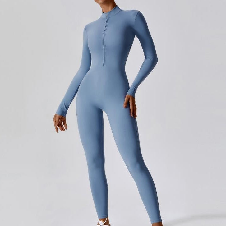 Yoga One Piece Jumpsuit with Zipper V-Neck Design