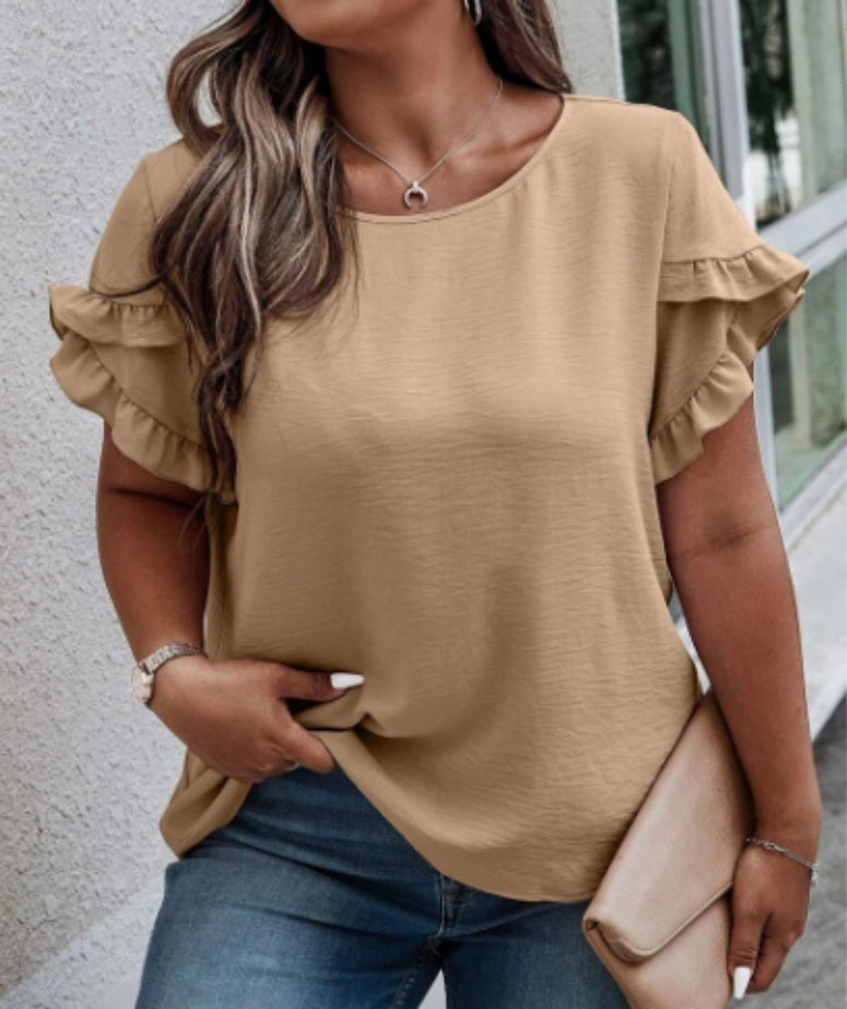 beige Bohemian Plus Size Top with Ruffled Short Sleeves