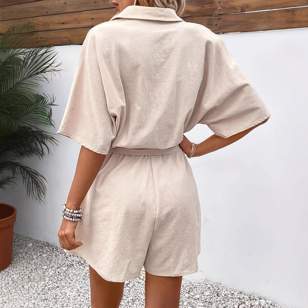 beige Casual Boho Chic Button Up Romper