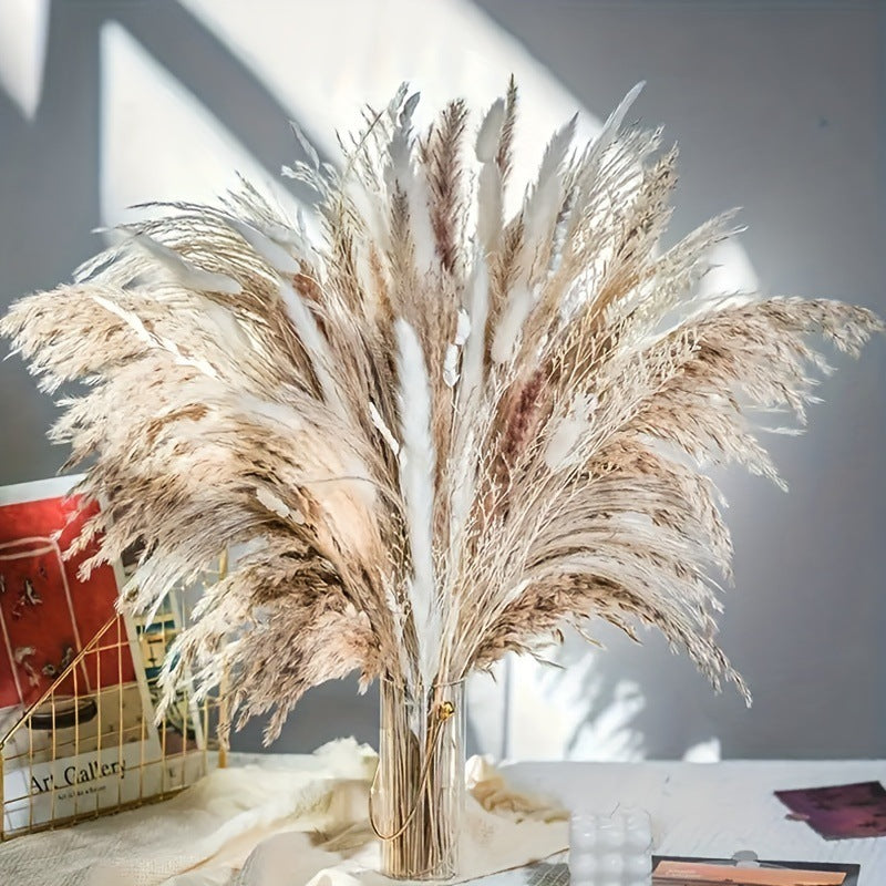 Vase with dried pampas grass on a table with a neutral background