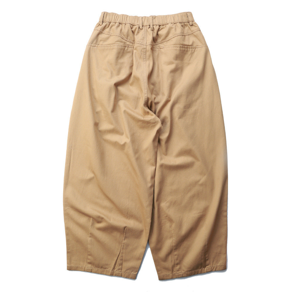 beige Men's Wide Leg Boho Denim Pants with Elastic Waist