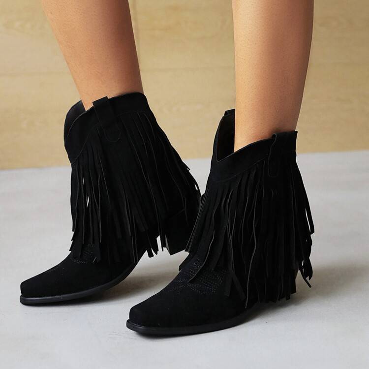 black Boho Ankle High Fringed Boots