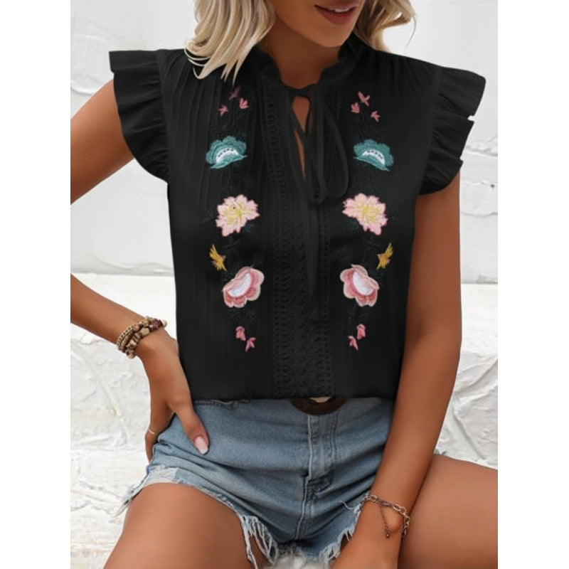 black Boho Chic Embroidered Floral Top with Short Sleeves