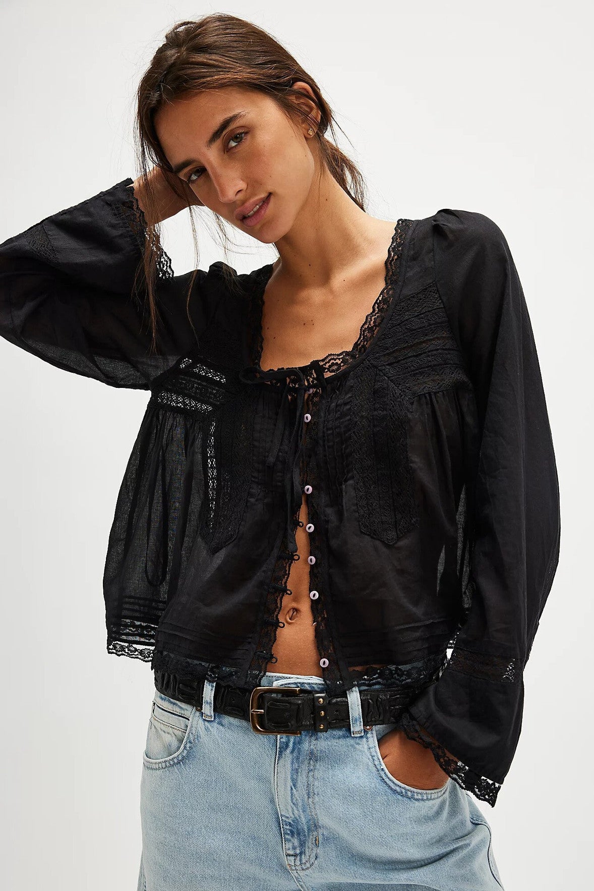 black Boho Chic Lace U-Shaped Neckline Shirt