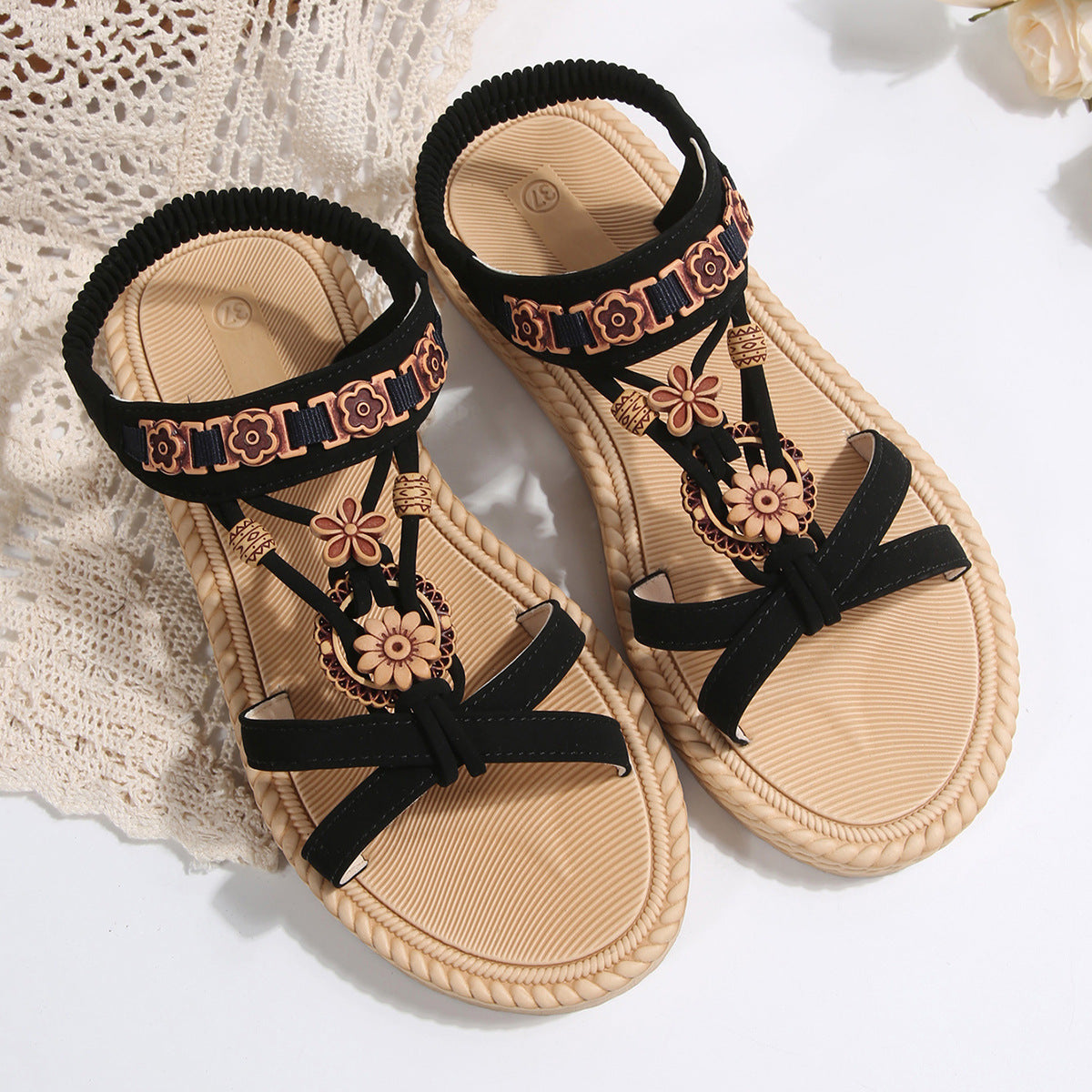 black Boho Flat Sandals with Flower Charms