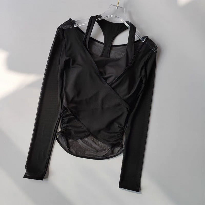 black Long Sleeve Yoga Blouse with Bult In Bra