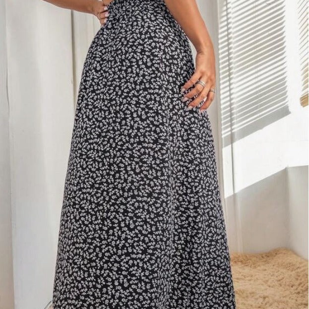 black Printed Boho Maxi Skirt with Slit