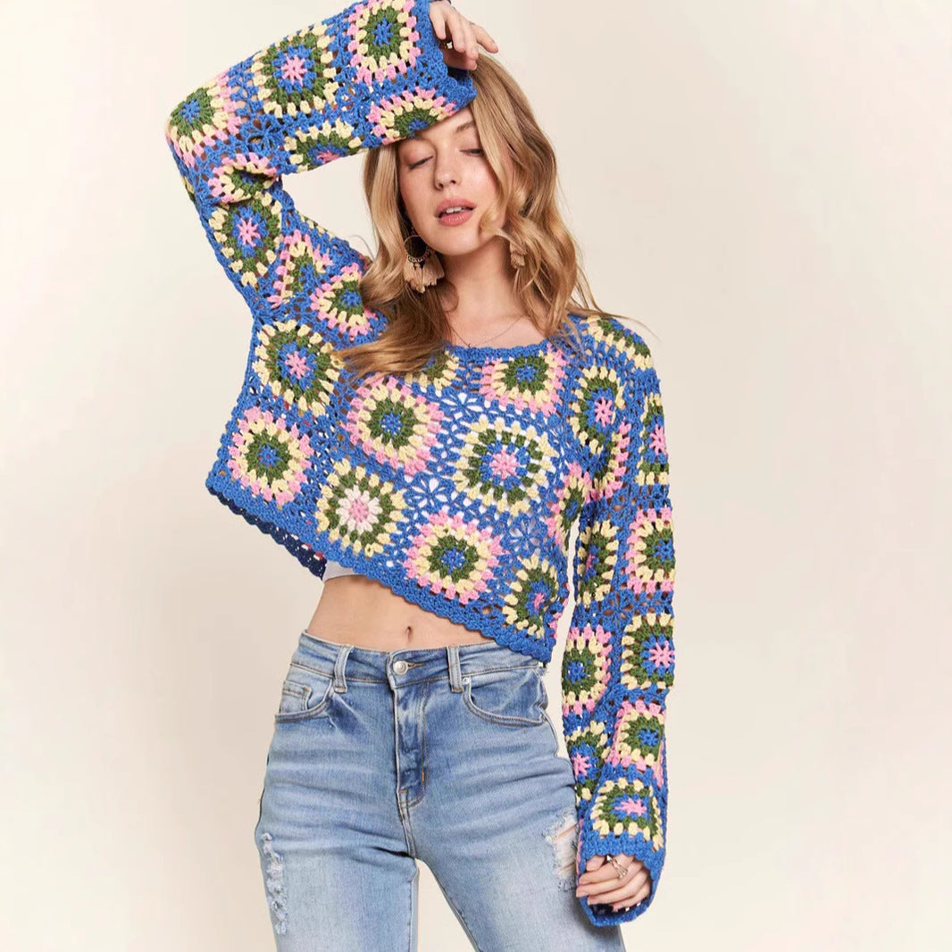 blue Bohemian Crochet Sweater for Women