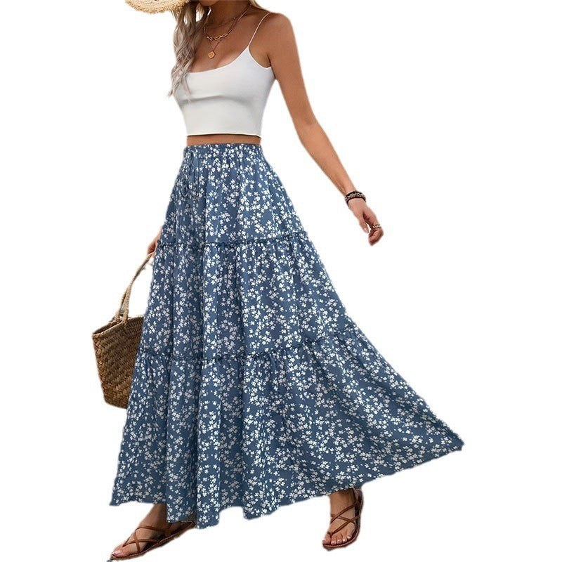 blue Bohemian Floral A-Line Maxi Skirt