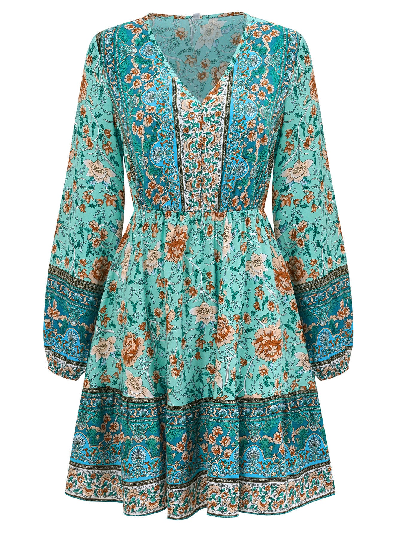 Teal floral dress with long sleeves on a white background