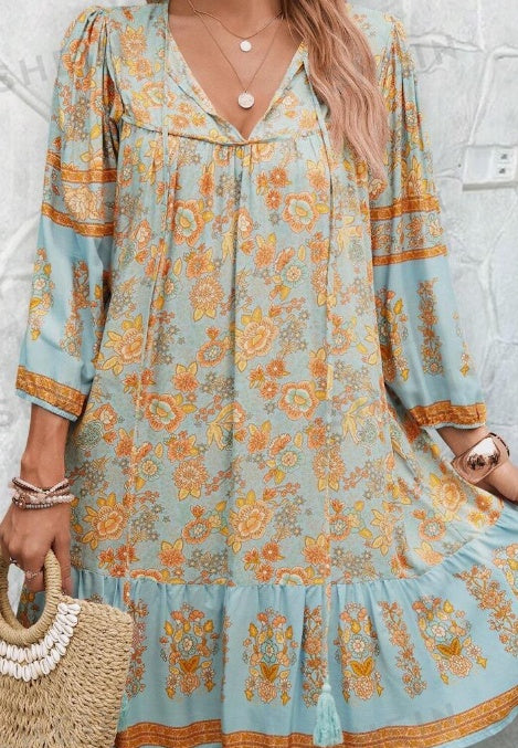blue Boho Short Dress with Tie Up Tassels