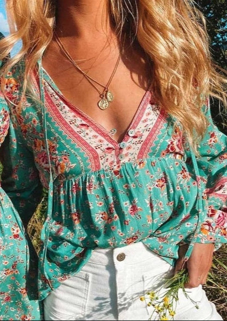 blue Low Cut Boho Floral Blouse
