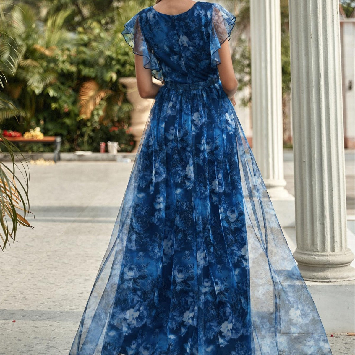 blue Ruffled Boho Formal Dress
