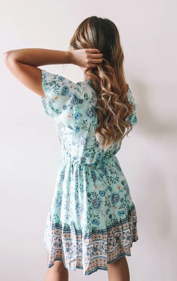 blue Short Sleeve Bohemian Dress Mini