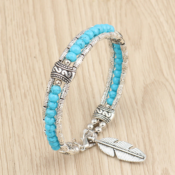 blue Silver Metal Feather Charm Bracelet with Beads