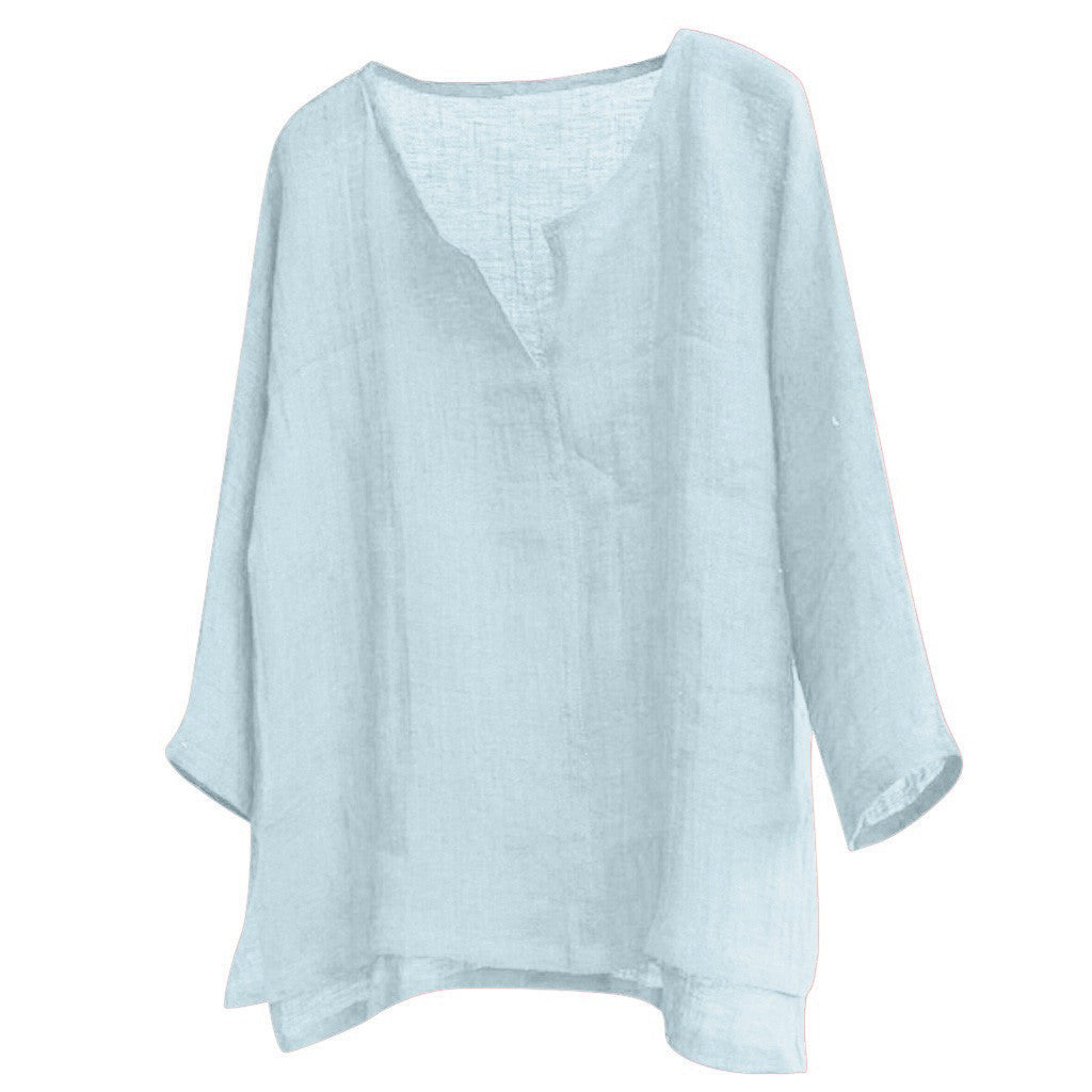 blue V-Neck Baggy Linen Boho Blouse with Long Sleeves for Men