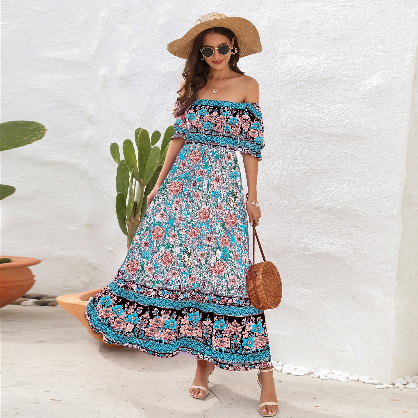 blue loose Bohemian Off-Shoulder Beach Dress