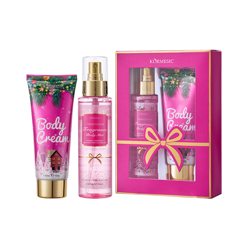 Kormesic body cream and spray set with packaging on a white background
