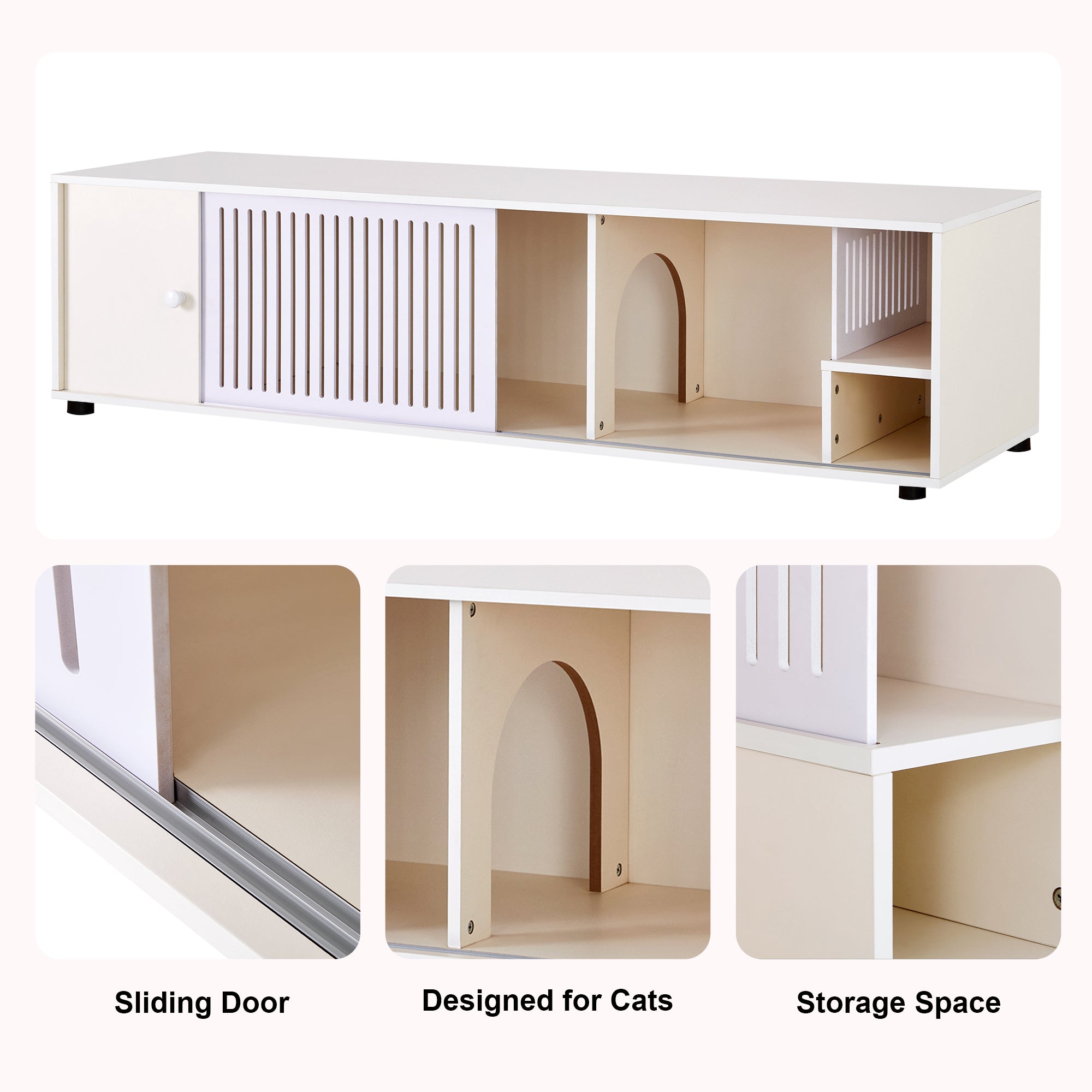 Modern Cream White TV Stand With Storage - Cat Litter Box Enclosure With Sliding Door bohemian