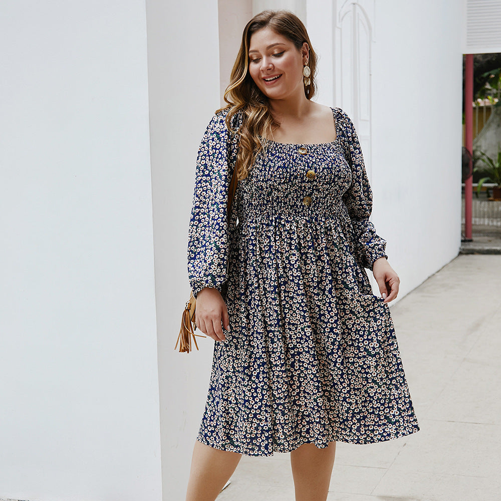 boho Floral Square Collar Plus Size Dress