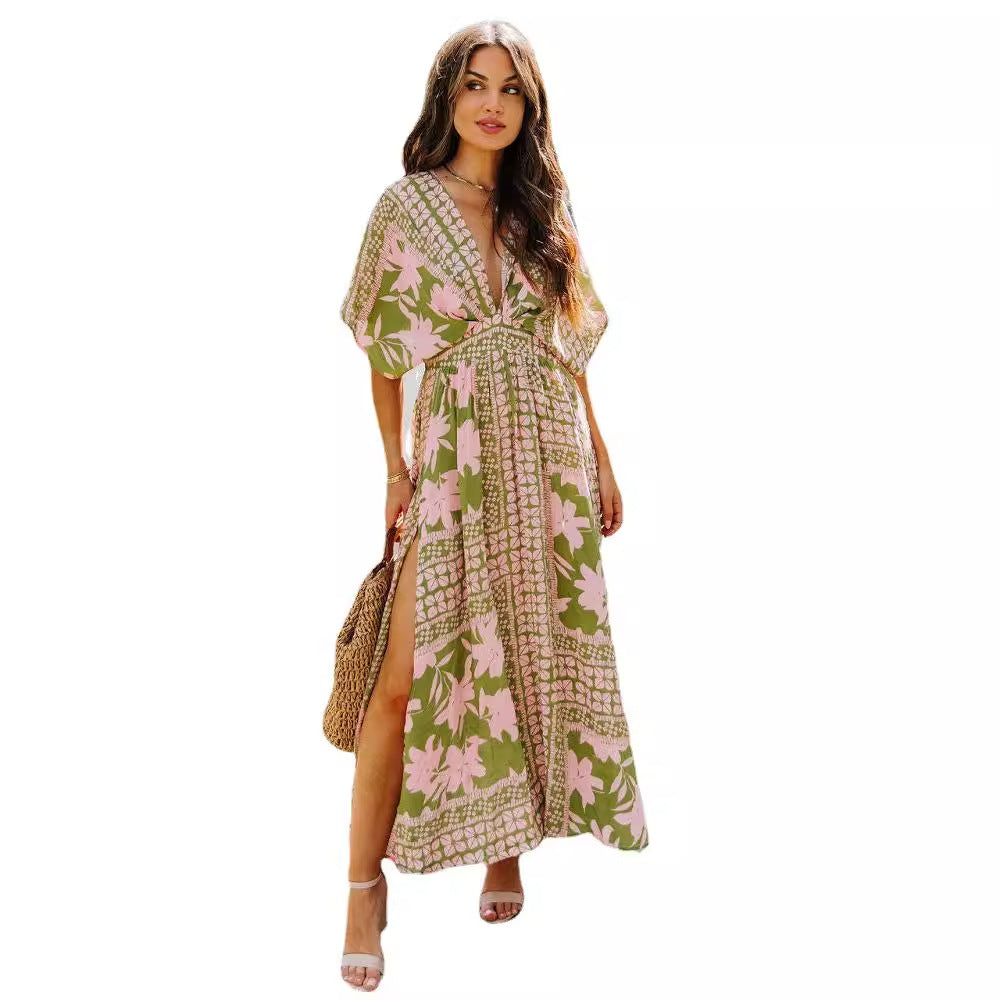 Green & Pink Tribal Bohemian Maxi Dress
