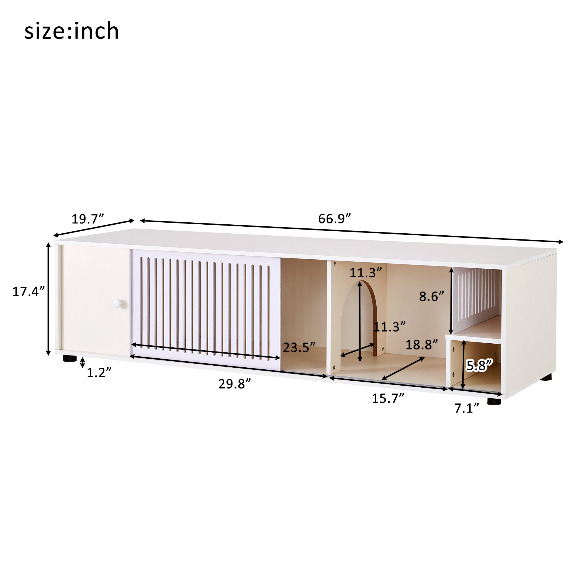 boho Modern Cream White TV Stand With Storage - Cat Litter Box Enclosure With Sliding Door