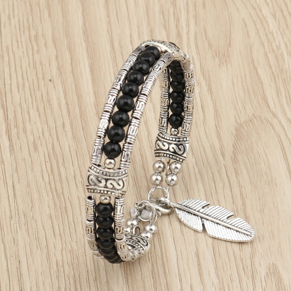 boho Silver Metal Feather Charm Bracelet with Beads