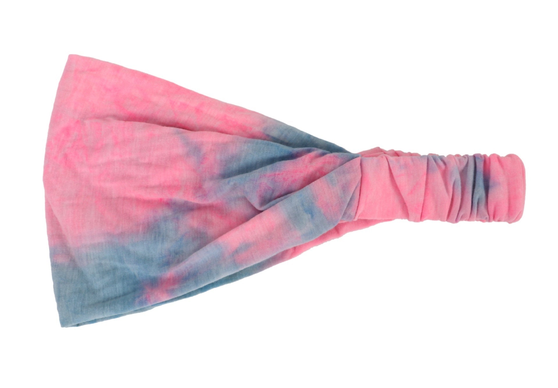 Tie-dye headband with pink and blue gradient on a white background