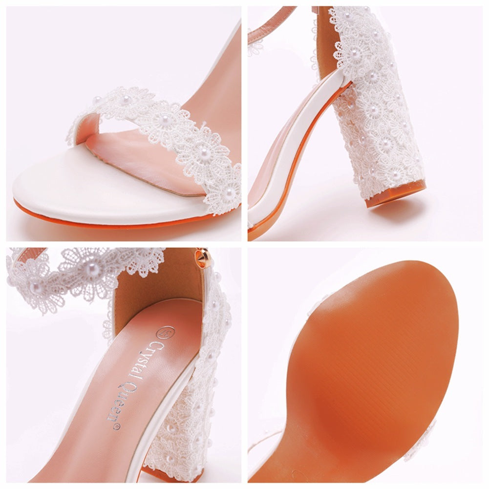 boho White Floral Lace Ankle Strap Bridal Heels