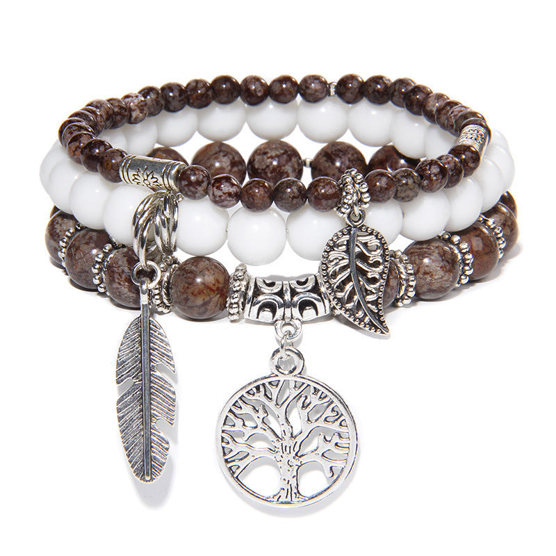 brown 3 Pcs Tree Of Life and Feather Pendant Bead Bracelets