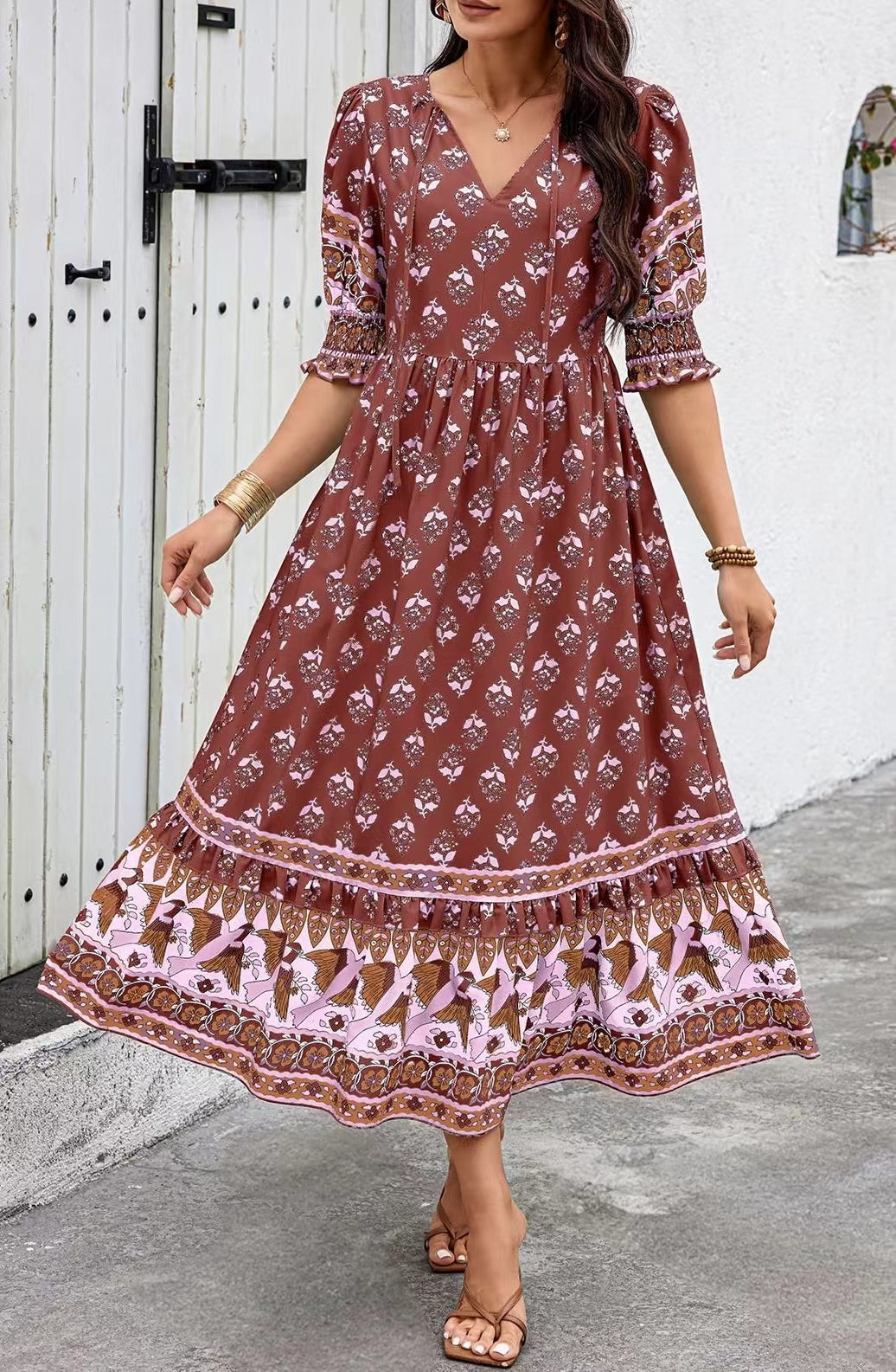 brown Bohemian Print Maxi Dress