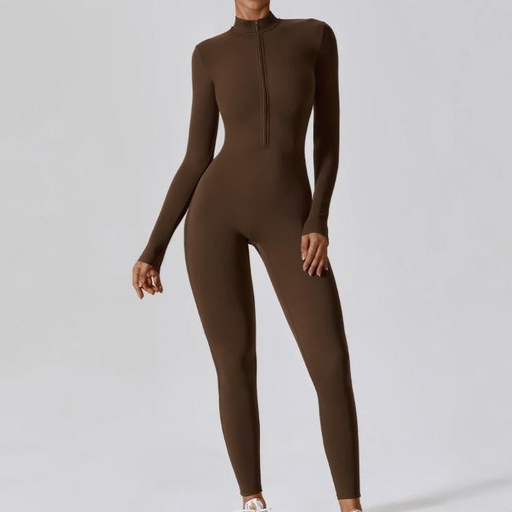 Brown bodysuit worn by a person on a light gray background