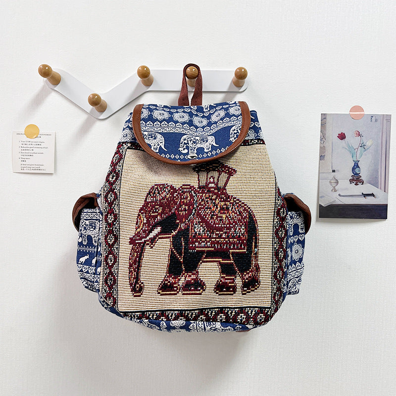 Bohemian Embroidered Backpack with Elephant Design
