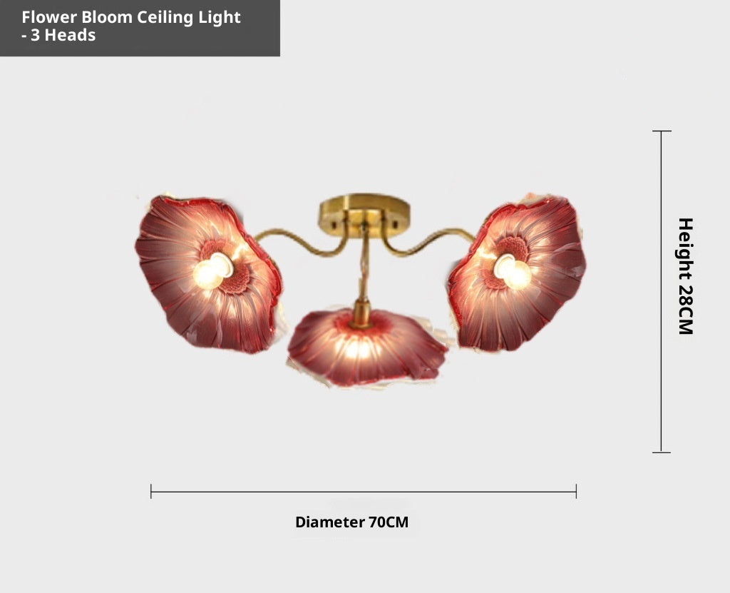 Flower Bloom Ceiling Light with red floral designs and gold fixture, featuring dimensions and material details.