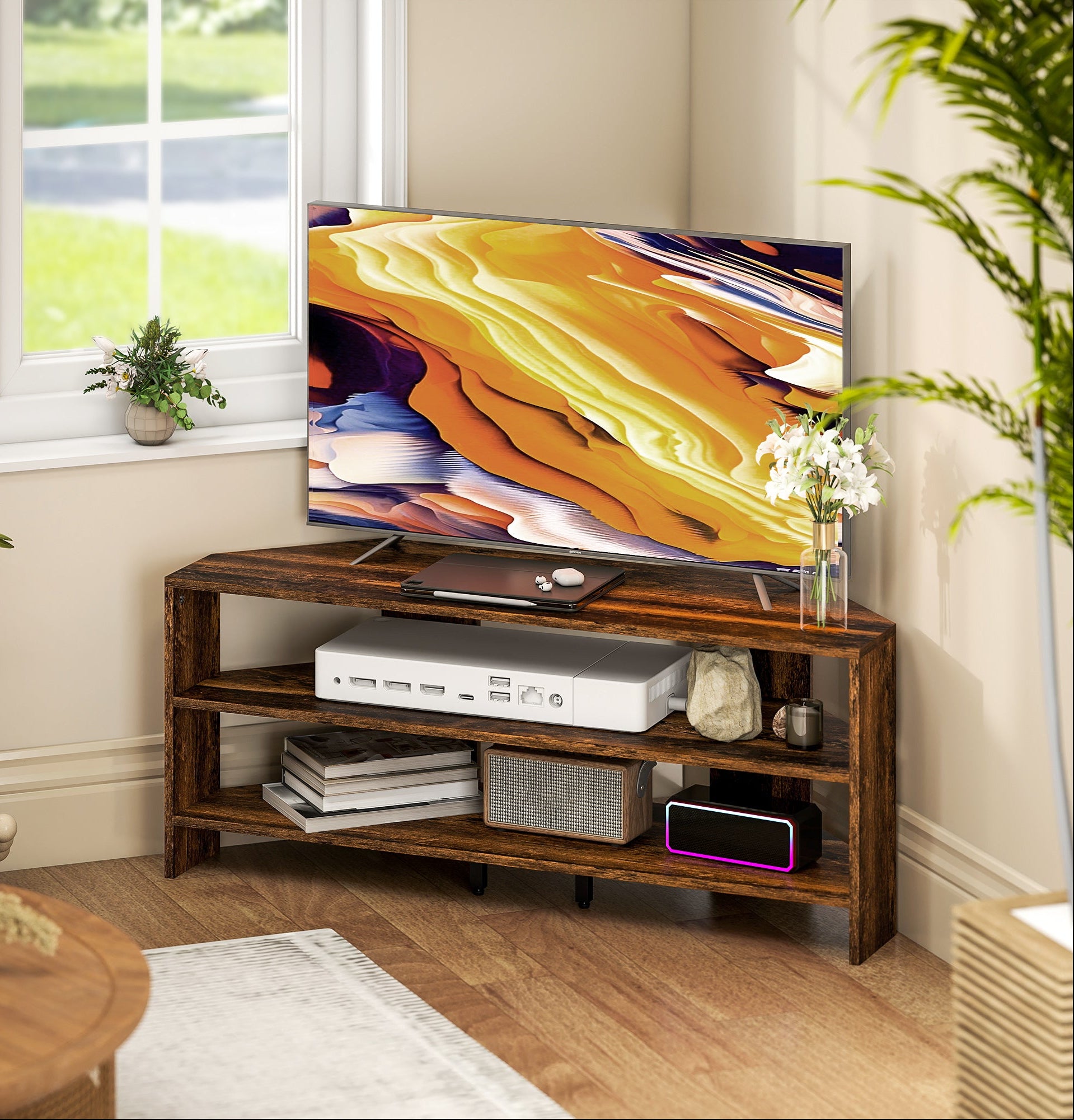 Rustic Brown Corner TV Stand With Open Shelves