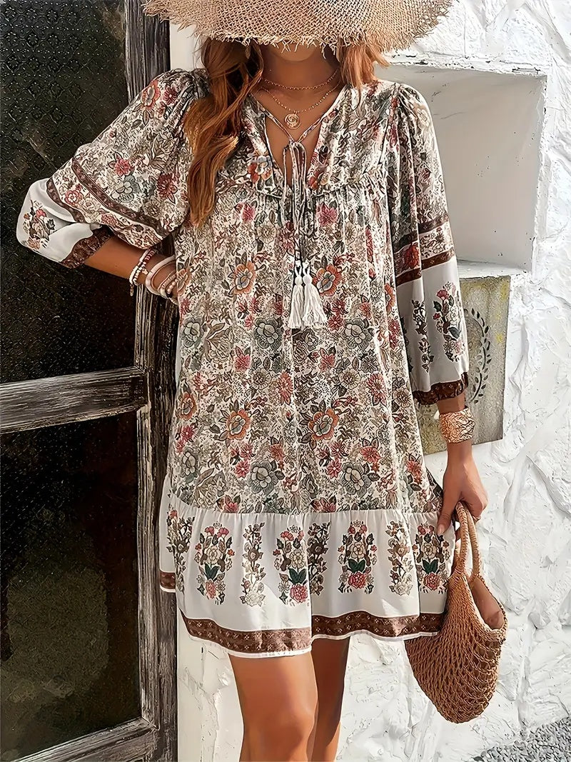 Boho Short Dress with Tie Up Tassels