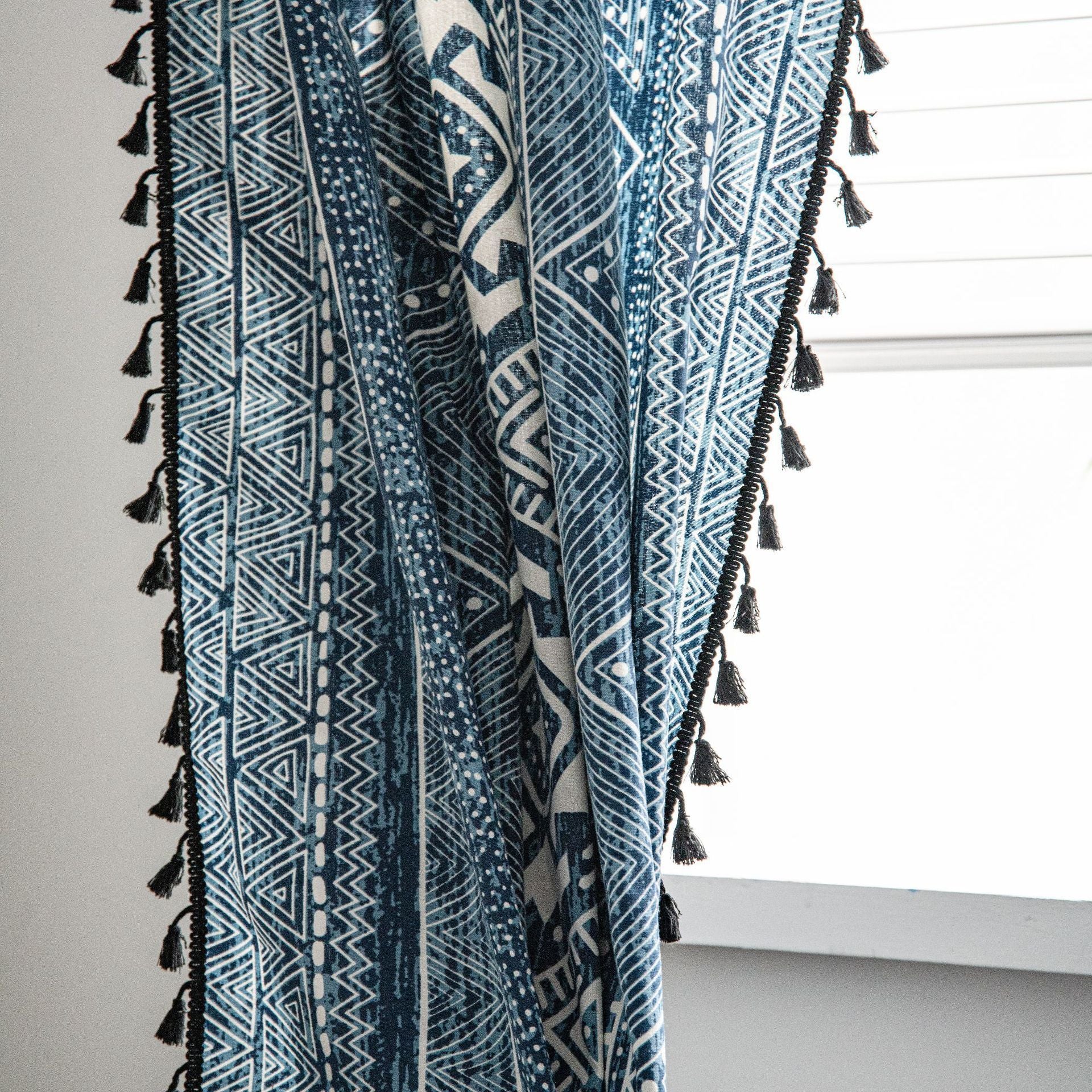 Boho Printed Blue Curtain with Tassels
