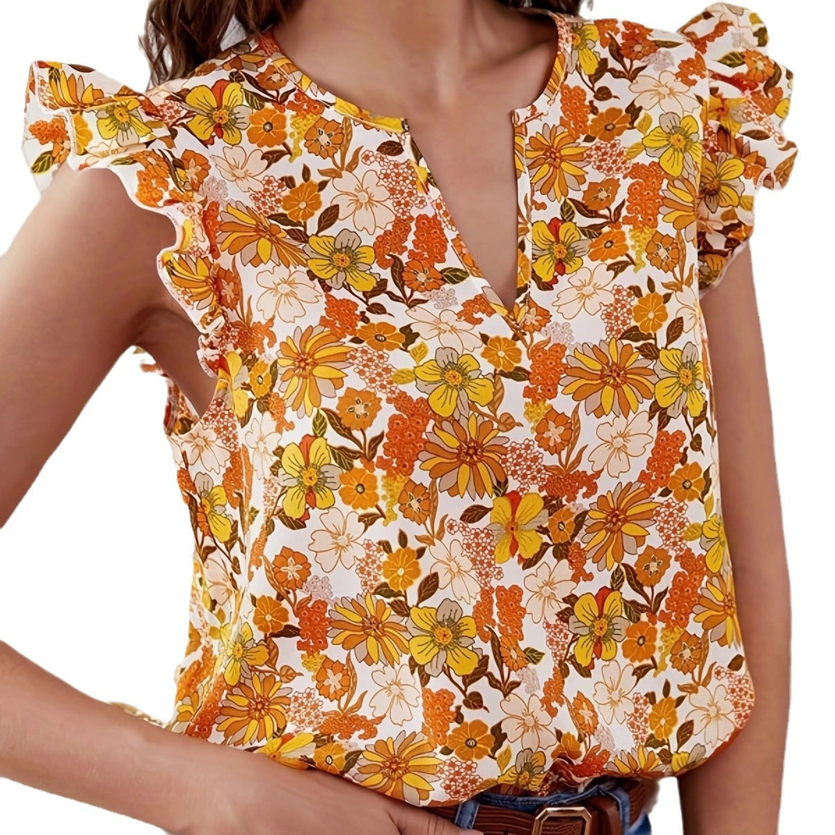 fall Orange Floral Boho Print Top