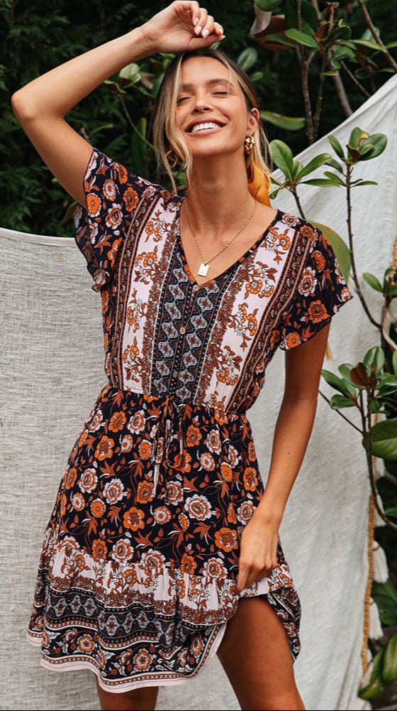 flower Bohemian Multicolor Patterned Mini Dress
