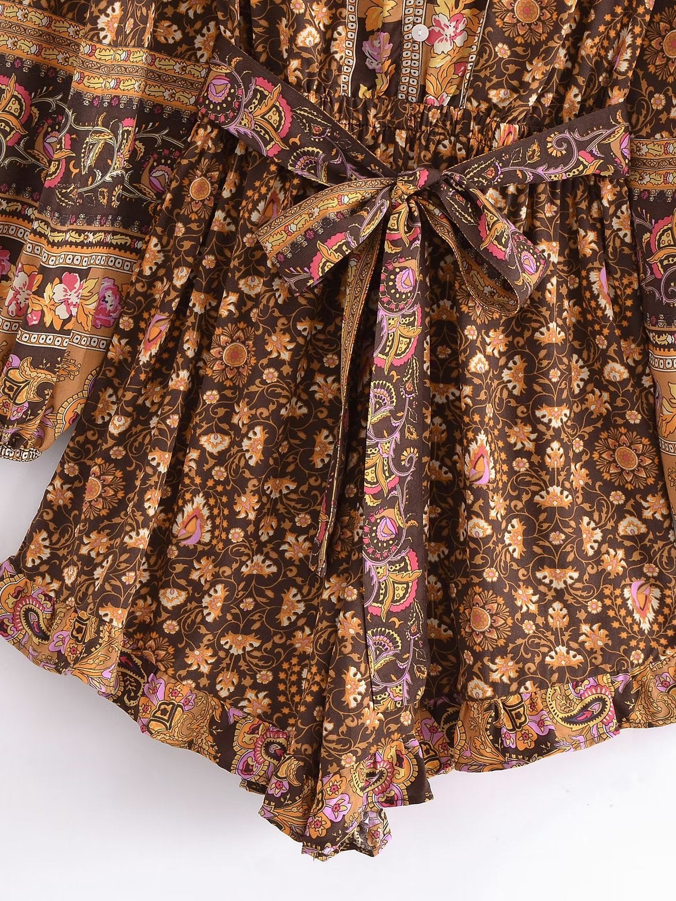 Brown Boho Print Belt Romper