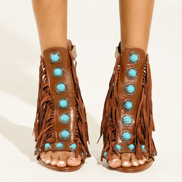 gemstone Boho Fringed High Heels