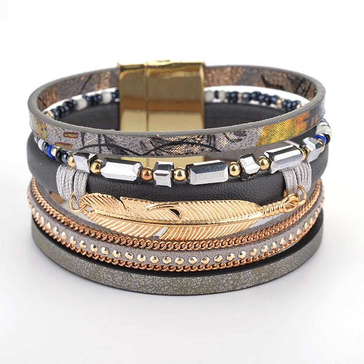 gray Boho Stack Bracelet with Golden Feather