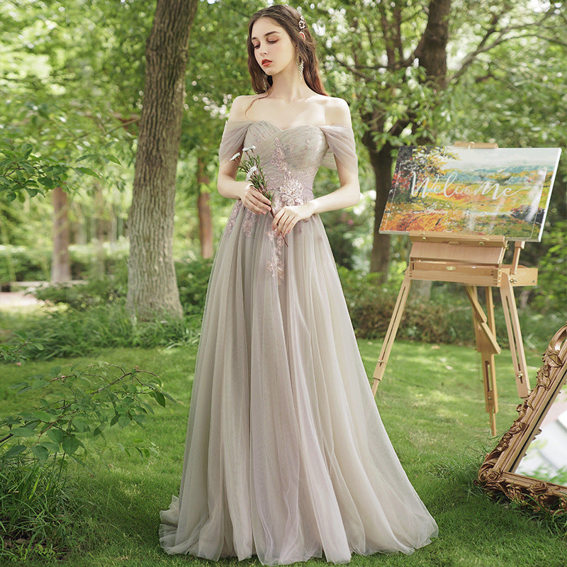 gray Embroidered with Flowers Mesh Bridesmaid Dress Boho Chic