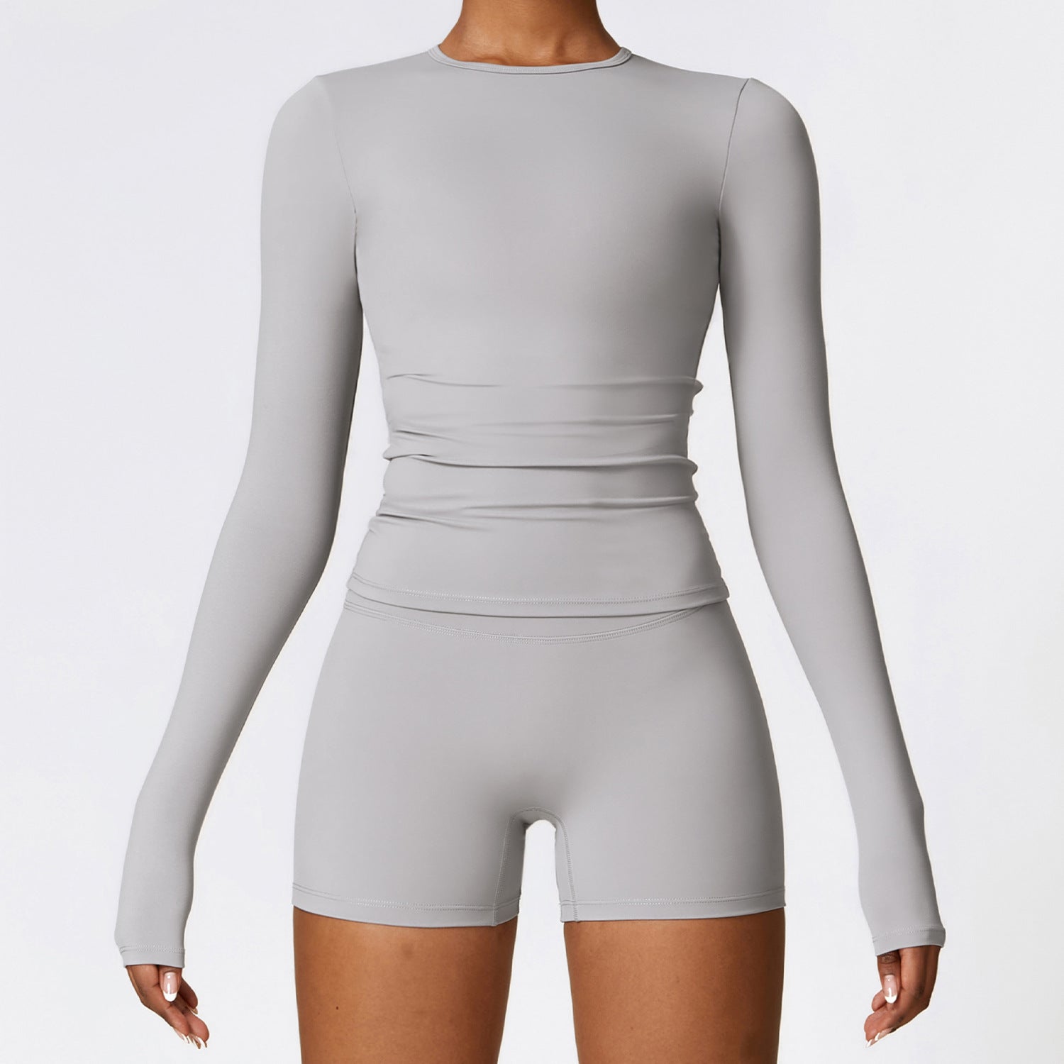 Gray long-sleeve top and shorts set on a white background