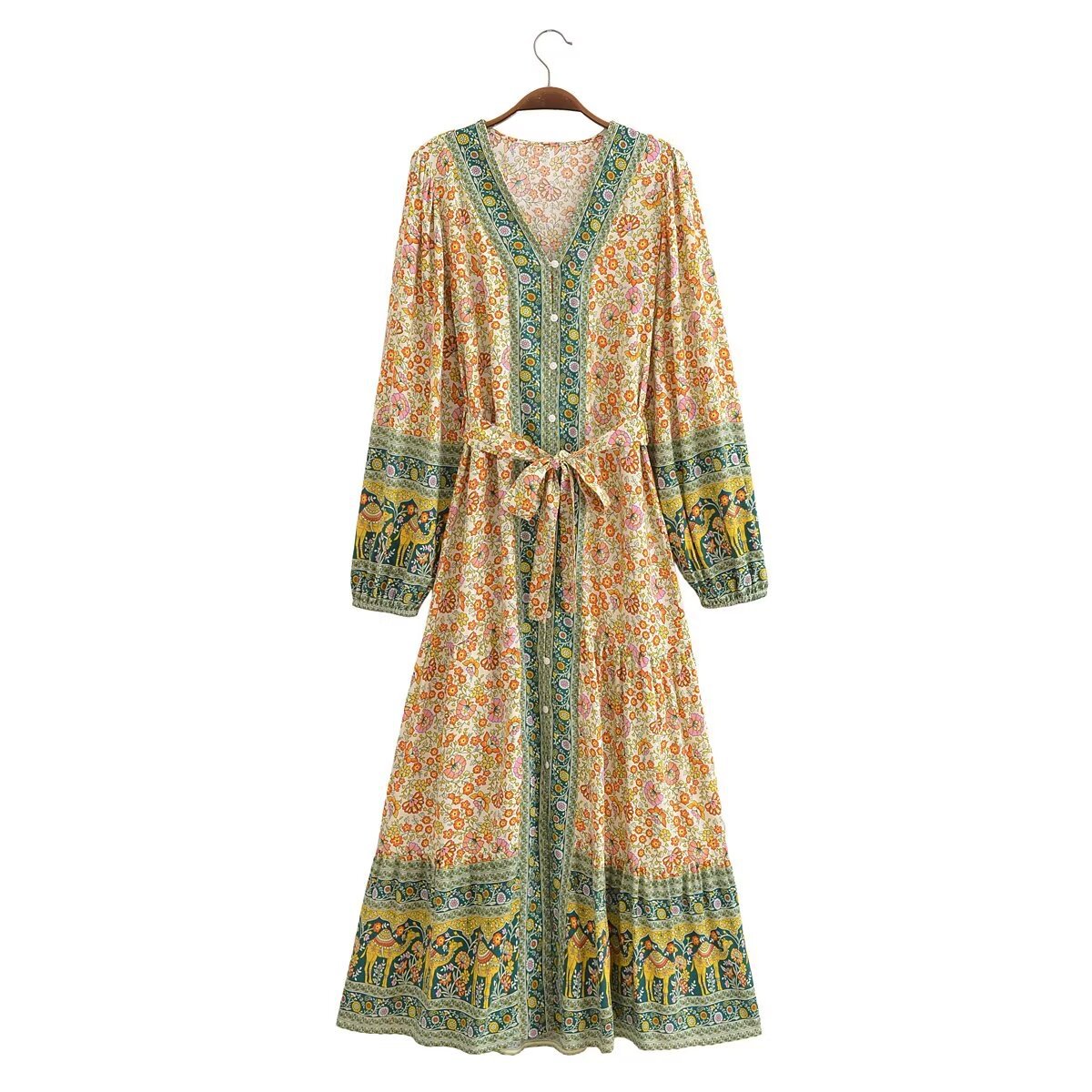 green Bohemian Pattern Belt Dress