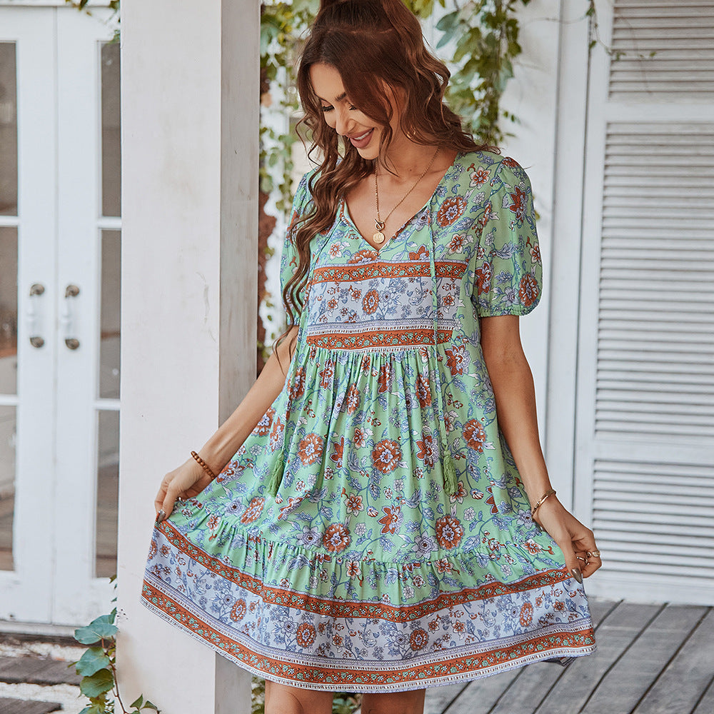 green Boho Dress Mini Women