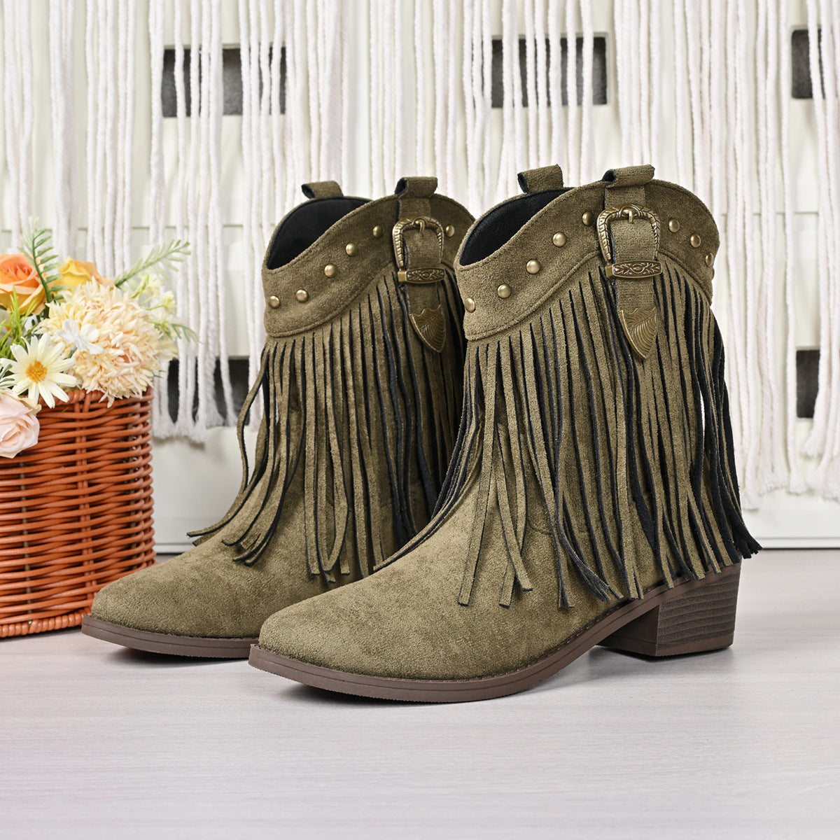 green Boho Western Boots for Women