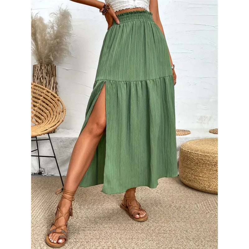green Casual Boho Midi Skirt with Slit