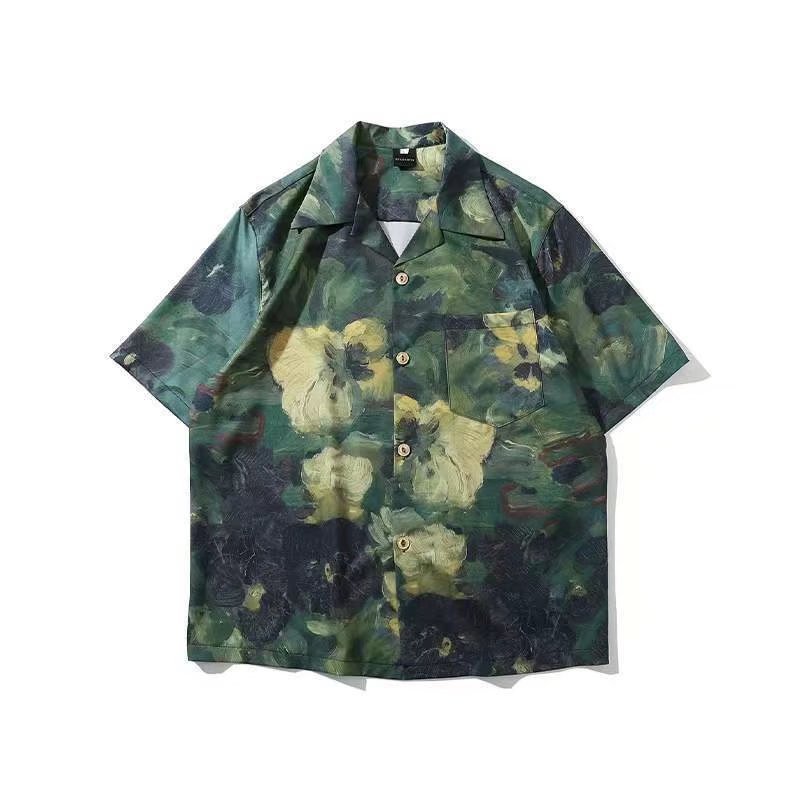Green floral patterned shirt on a white background