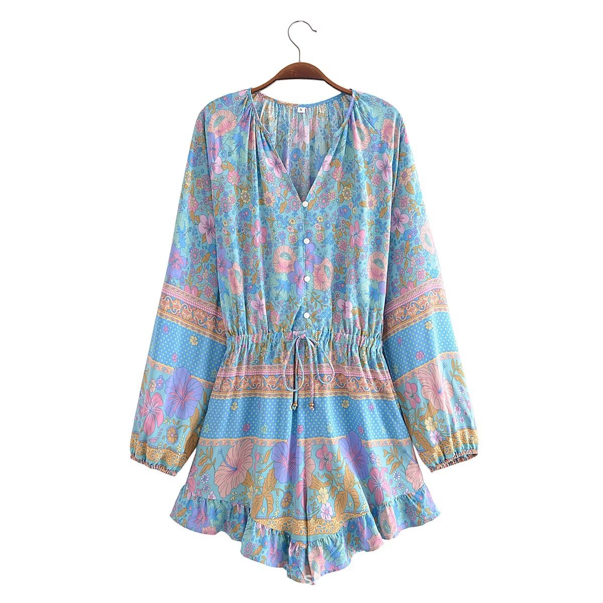 light Blue Floral Bohemian Pattern Romper with Drawstring Belt